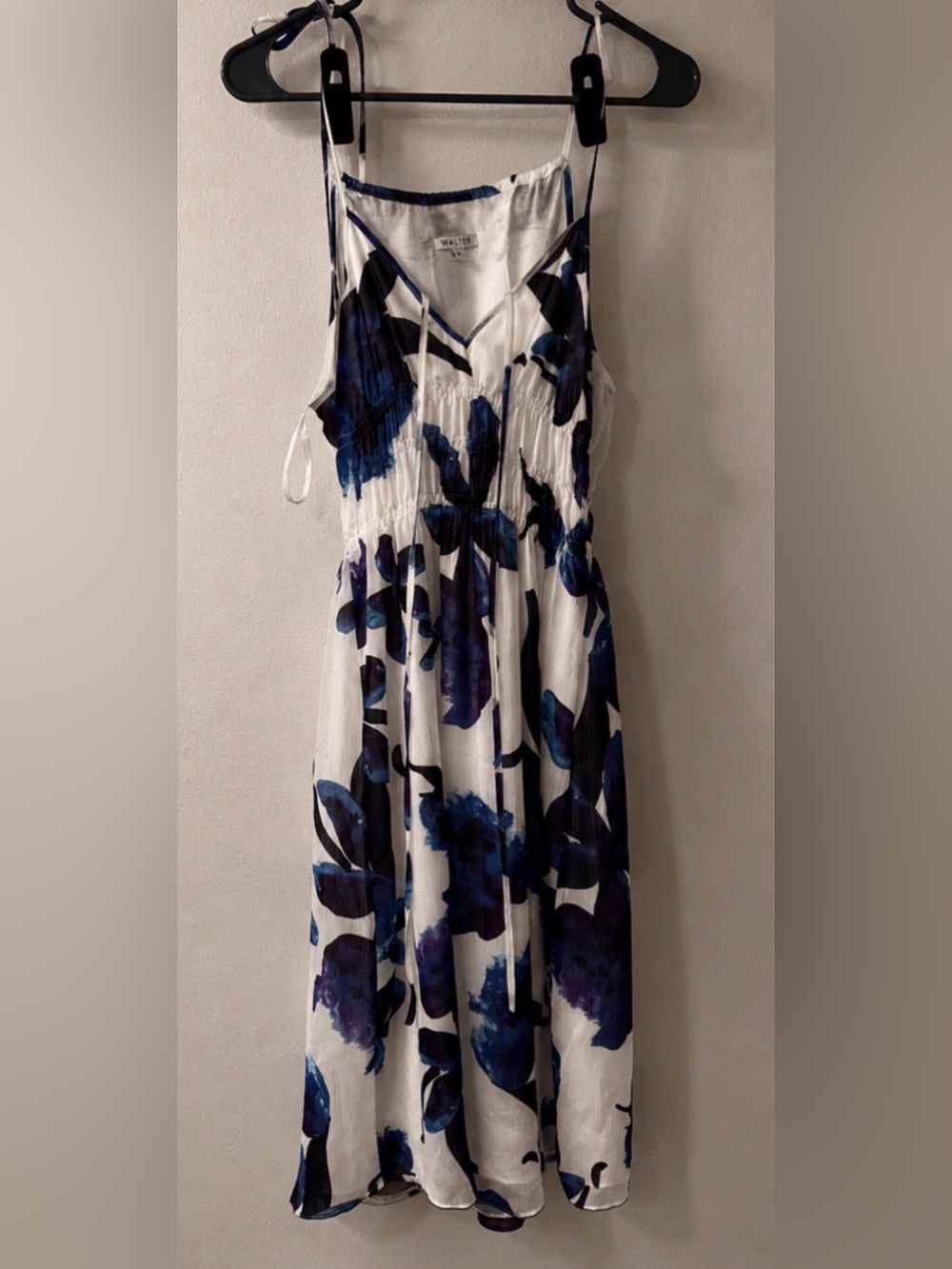 Girls' White Floral Spaghetti-Strap Dress with Blue Print
